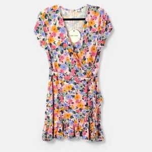 Rebel Sugar Pink Floral Mini Faux Wrap Ruffle Hem Short Sleeve Dress Sz XL